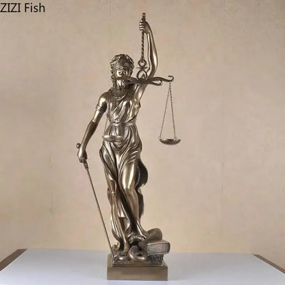 Bronze-colored justice goddess resin sculpture with blindfold, scales, and sword for classical living room decorbites decor