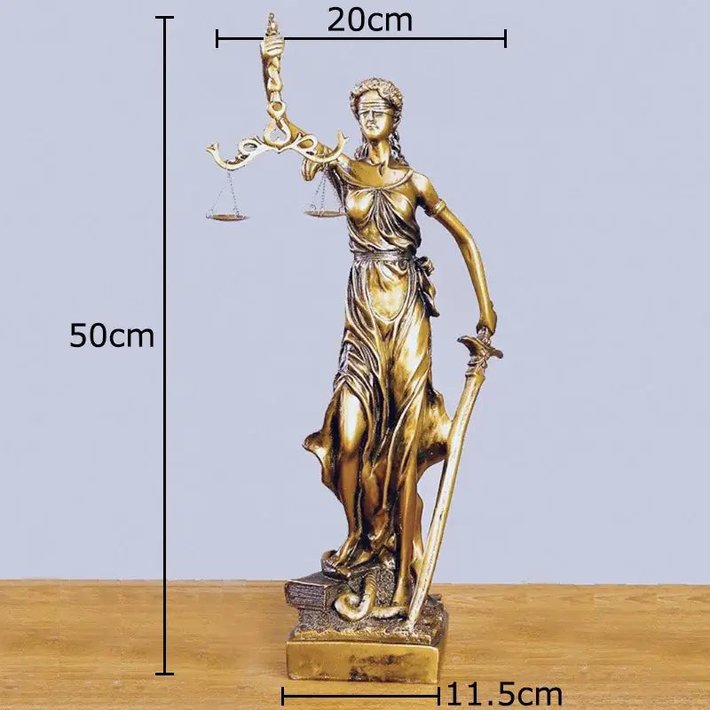 Golden classical bronze justice goddess resin sculpture holding scales and sword for living room decor by decorbites
