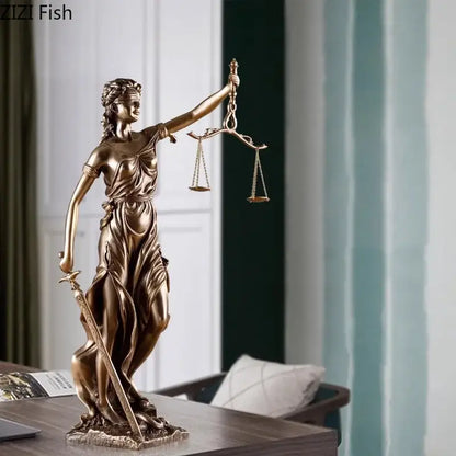 Bronze-colored justice goddess resin figurine holding scales and sword for living room decor by decorbites