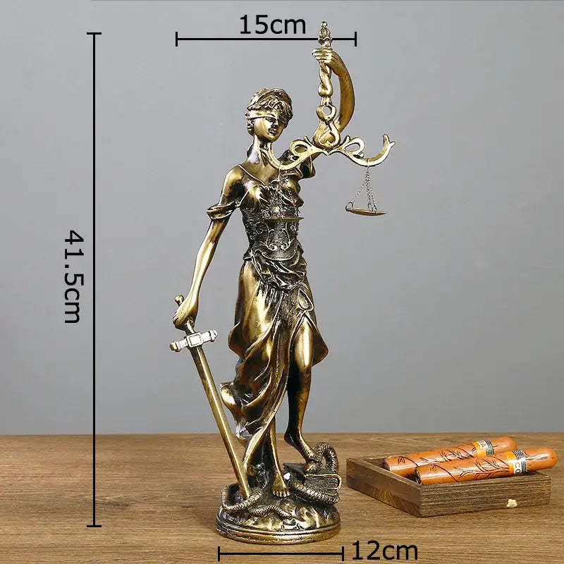 Bronze-colored justice goddess resin sculpture holding scales and sword with blindfold for living room decorbites decor