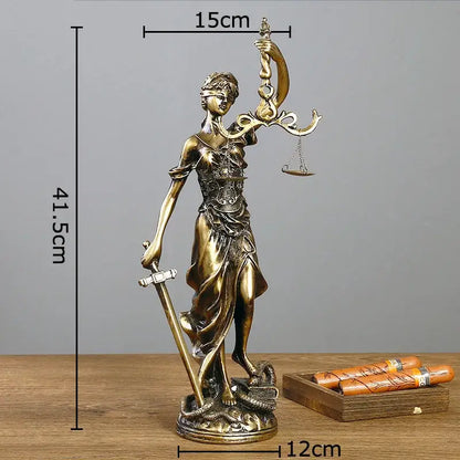 Bronze-colored justice goddess resin sculpture holding scales and sword with blindfold for living room decorbites decor