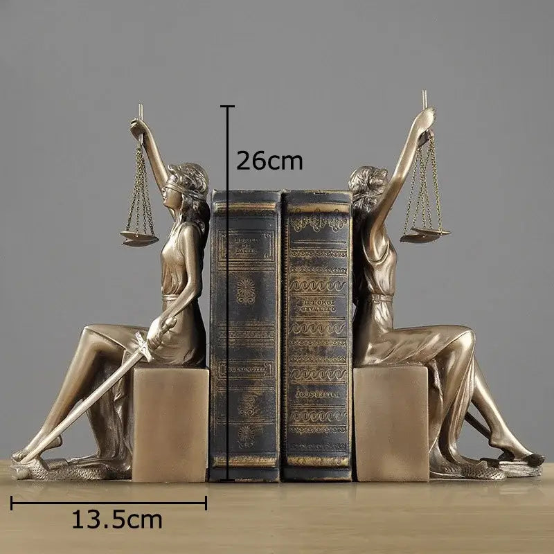 Bronze-colored justice goddess resin bookends with sword and scales classical decorbites justice goddess sculpture