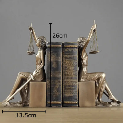 Bronze-colored justice goddess resin bookends with sword and scales classical decorbites justice goddess sculpture