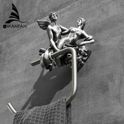 Silver-toned metal toilet paper holder with intricately sculpted angelic figures classical decorbites bronze towel rack