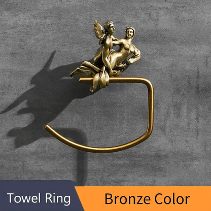 Classical decorbites bronze towel rack with bronze-colored metal ring featuring ornate winged figures for shower room decor