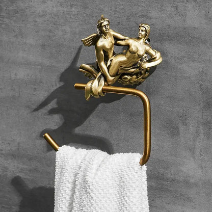 Gold-toned decorbites bronze towel rack with ornate winged classical male and female figures for shower room decor