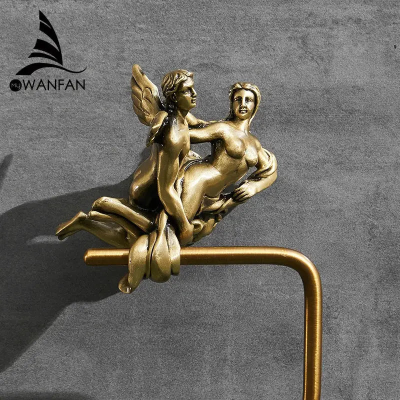 Classical decorbites bronze towel rack with intricate brass angel and nymph figures for ornate shower room decor