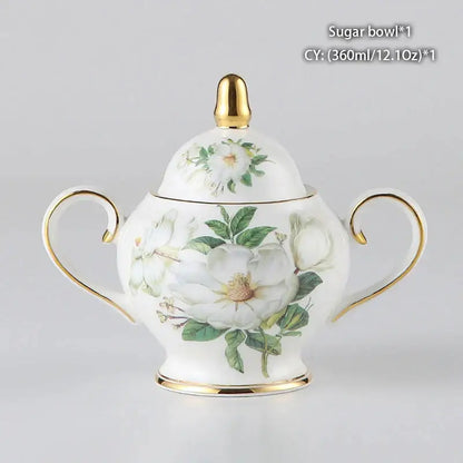 Classical gold trimmed bone china sugar bowl with white rose design and green leaves in decorbites creamer set