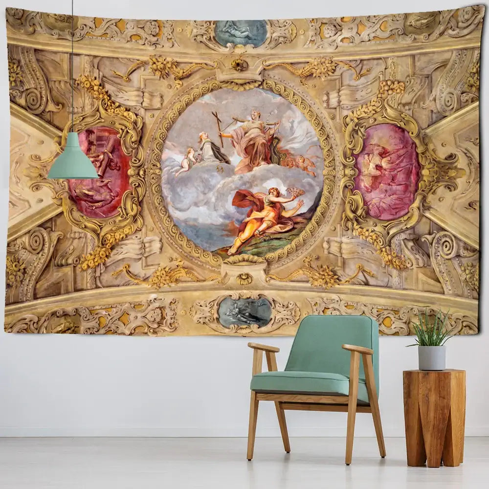Ornate gold and pink boho printed tapestry wall featuring classical baroque ceiling fresco for decorbites boho printed decor