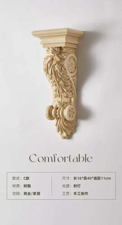 Beige carved wood corbel with ornate leaf floral detailing for classical ornate decorbites cream resin wall lamp