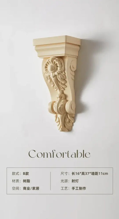 Beige wooden corbel with ornate floral and scrollwork carvings for classical decorbites cream resin wall lamp