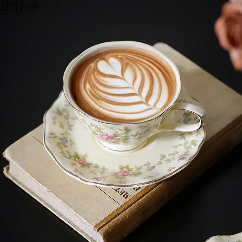 Classical ceramic white porcelain cup and saucer set with delicate pink rose floral pattern for dining room decor