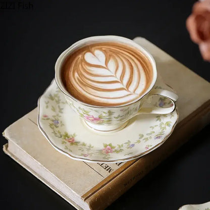 Classical ceramic white porcelain cup and saucer set with delicate pink rose floral pattern for dining room decor