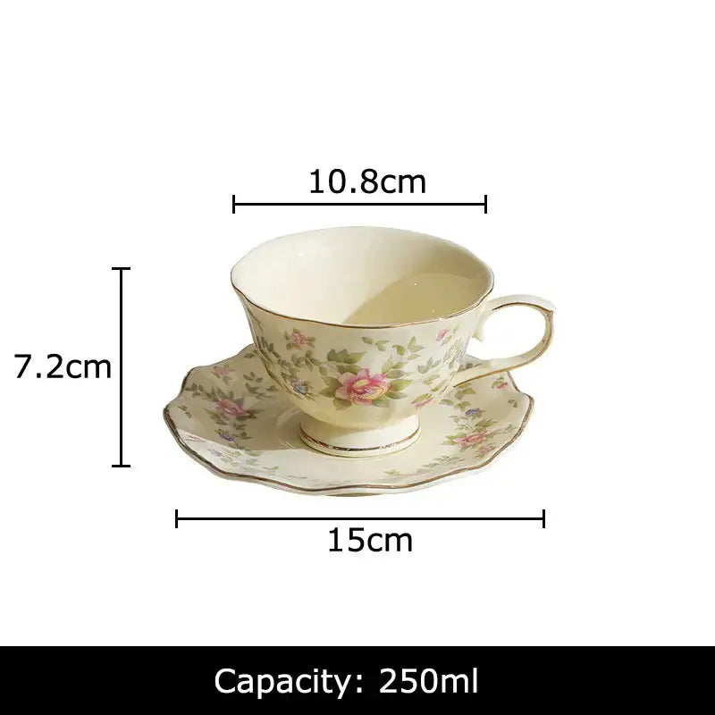 Cream-colored classical ceramic cup and saucer set with pink rose patterns and gold trim for dining room decor