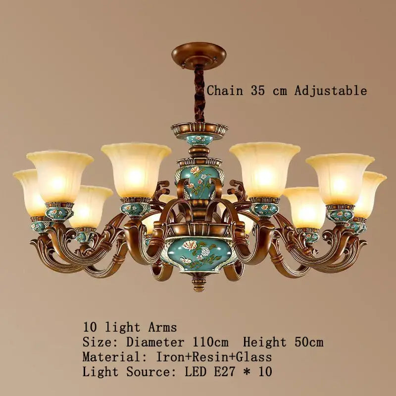 Antique-style classical resin chandelier with ornate bronze iron arms turquoise floral resin panels and cream glass shades