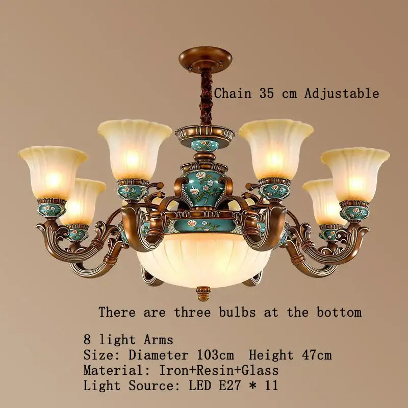 Classical resin chandelier with ornate bronze metal arms turquoise enamel floral accents and cream glass shades by decorbites classical