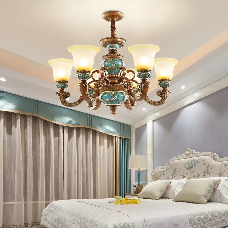 Classical resin chandelier with ornate bronze arms and turquoise glass panels for decorbites classical living room decor