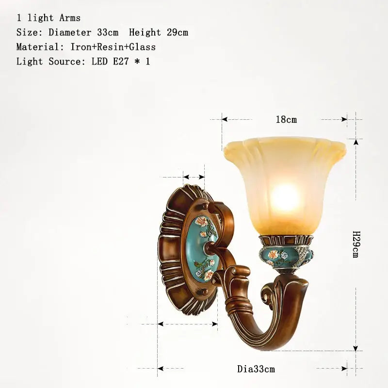 Antique bronze-finished wall sconce with teal floral-embossed backplate and amber glass shade from decorbites classical resin collection