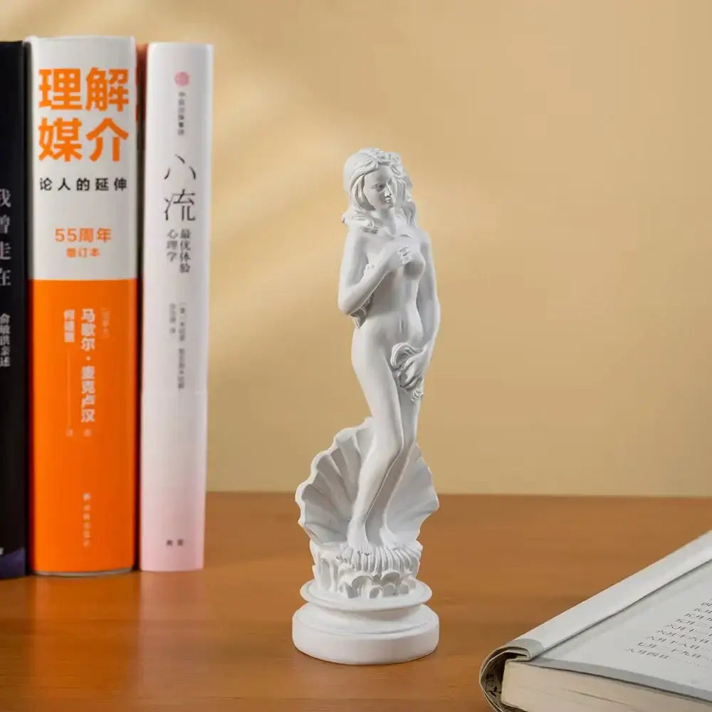 White resin aphrodite sculpture of nude female figure on ornate shell base 18cm greek goddess statue decor