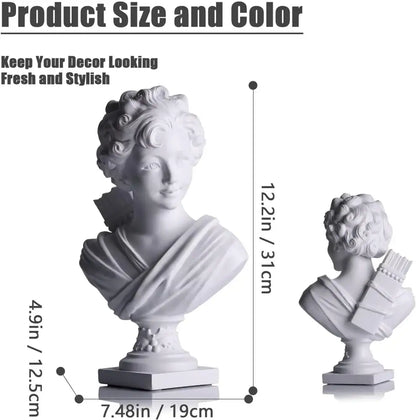 Classical white cupid statue plaster sculpture of a woman with curly hair and draped fabric on ornate pedestal
