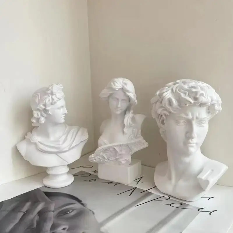 Three white resin david statue head sculpture busts with detailed hair and draped fabric for mini living room decor