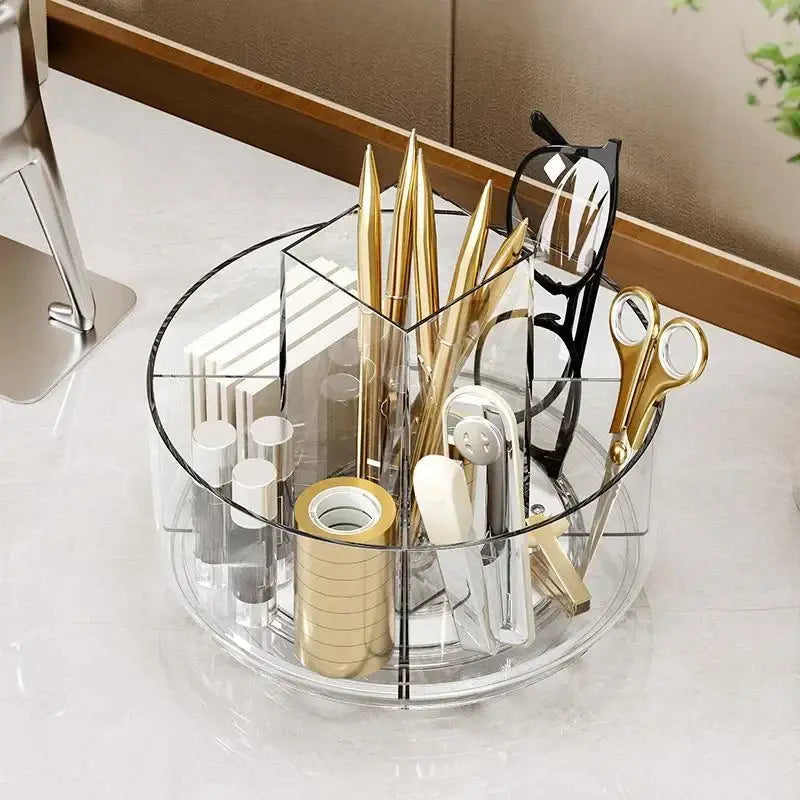 Clear 3 tier rotating acrylic makeup organizer with black metal frame and compartments for office supplies storage