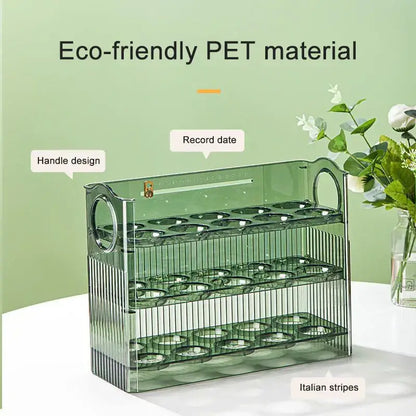 Transparent green pet plastic egg holder dispenser with handle and italian stripes for clear 30 grid multi tier storage