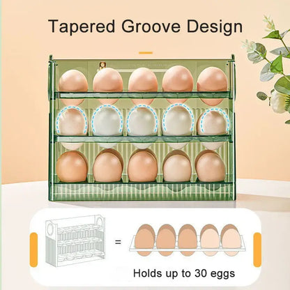 Clear green transparent plastic egg holder dispenser with three tiers and tapered groove design for kitchen storage