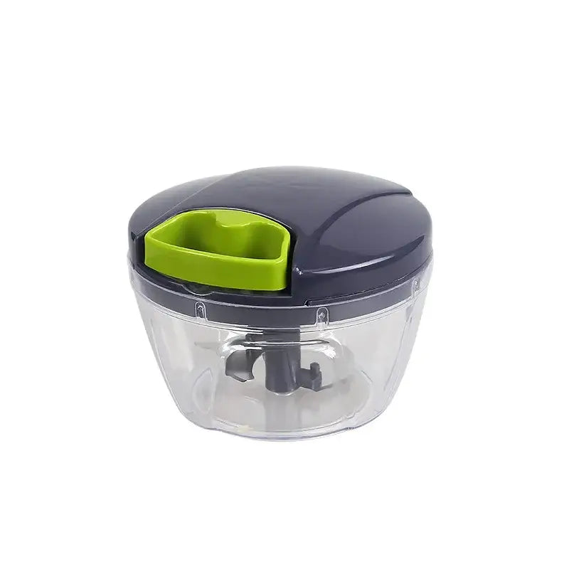 Compact clear 400ml mini food shredder with dark gray body lime green handle and transparent bowl for kitchen use