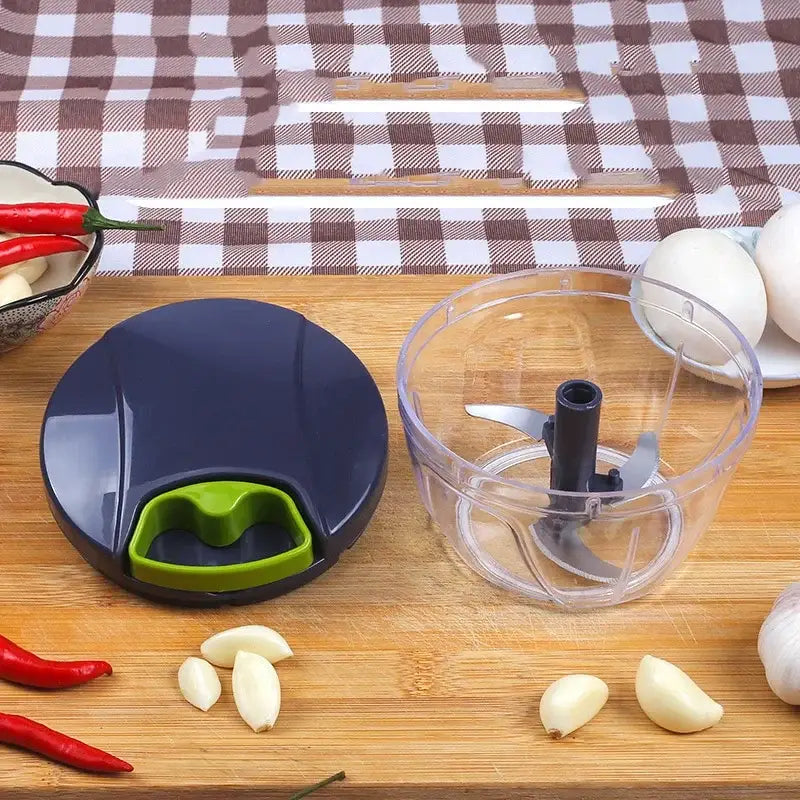 Blue and green handheld manual mini food shredder with clear plastic 400ml bowl and 3 blades for kitchen garlic prep