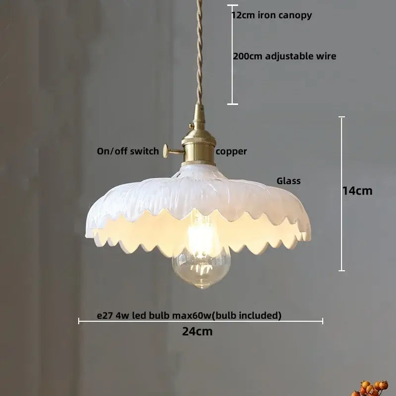 Delicate white pendant lamp with scalloped edge amber glass walnut shade and copper switch for kitchen decorbites amber glass