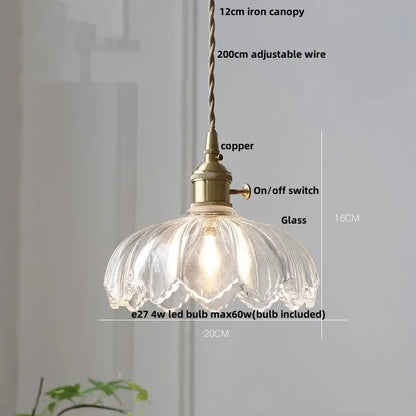 Clear flower-shaped glass pendant lamp with brass copper fixture and amber glass walnut decorbites amber glass