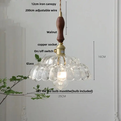 Clear scalloped glass pendant lamp with amber glass walnut handle and brass hardware for kitchen decorbites lighting