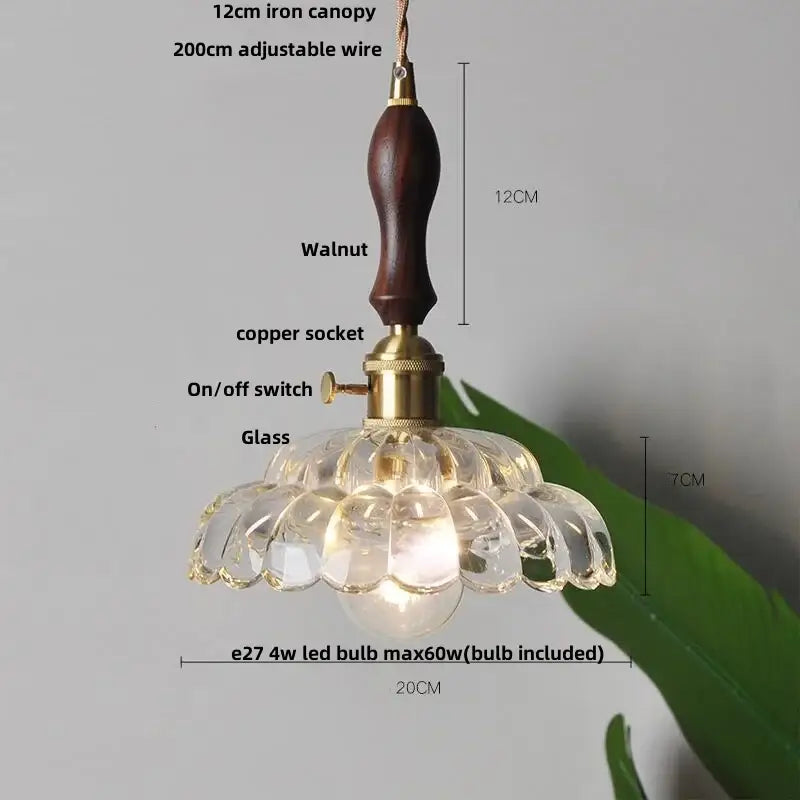 Clear and amber glass walnut pendant lamp with flower-shaped glass and dark walnut handle for kitchen decorbites amber glass