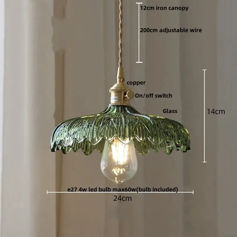 Green glass pendant lamp with copper switch and iron canopy for kitchen decorbites amber glass walnut collection