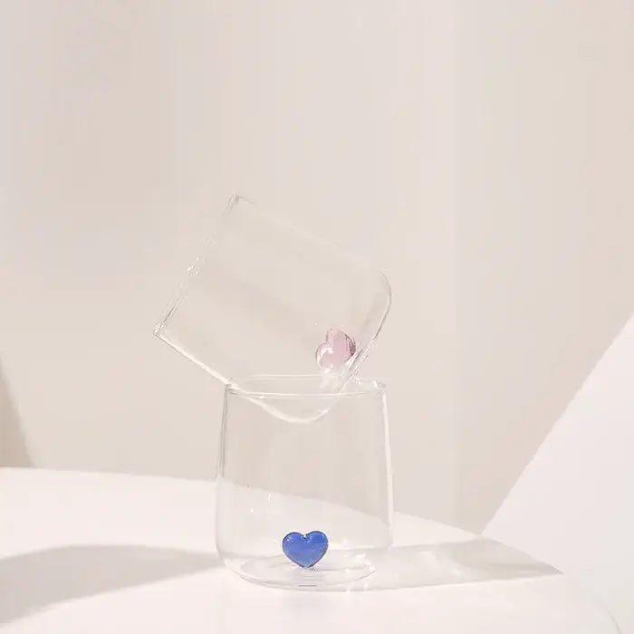 Clear glass tumbler mug with blue and pink decorbites 3d heart charms designed as heart tumbler mug gift