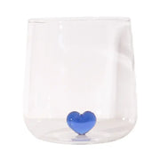 Clear glass tumbler mug with a glossy blue decorbites 3d heart accent at the base ideal as a kitchen glassware gift