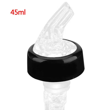 Clear plastic liquor pourer bottle dispenser with black base and angled spout for kitchen barware by decorbites