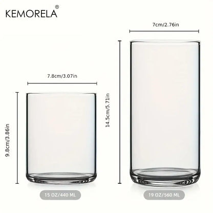 Clear borosilicate drinking glasses set with two sizes 15 oz and 19 oz transparent tumblers for dining room use