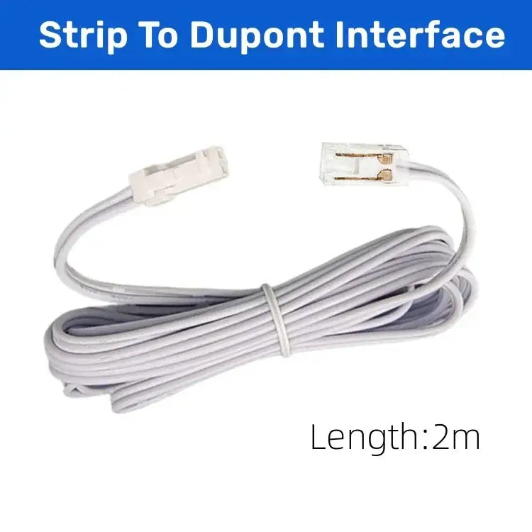 A 2-meter white coiled strip-to-dupont interface cable with clear plastic connectors for cob led strip use