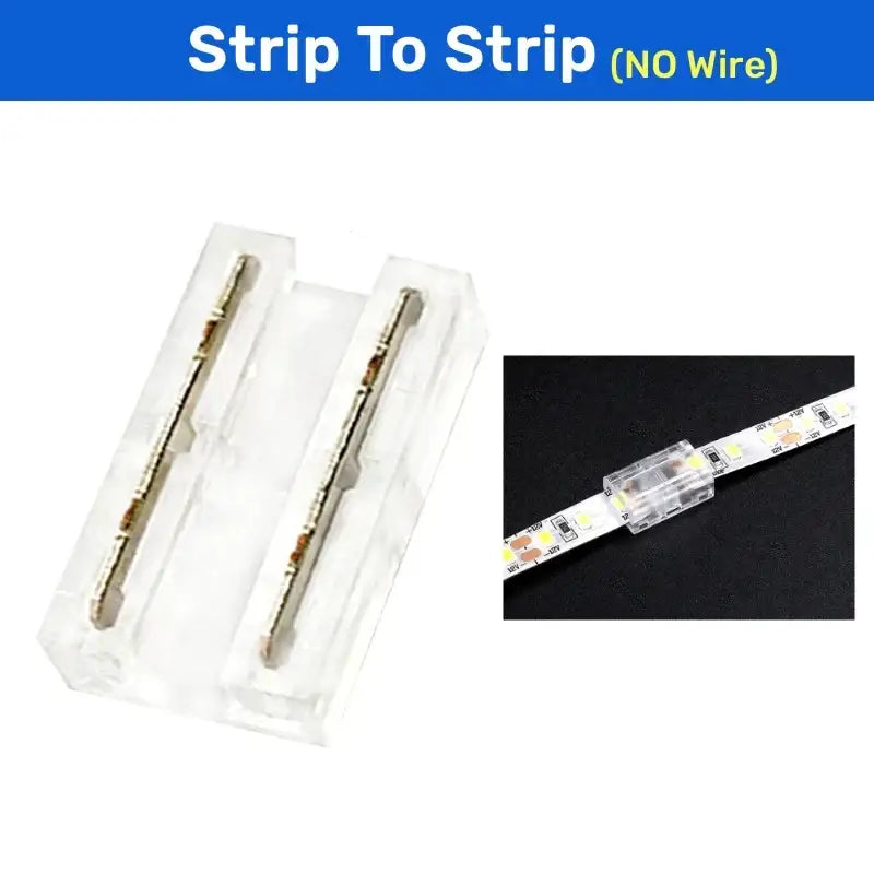Clear 2-pin l-shape cob led strip connector with gold metal contacts for seamless joining of cob led strips