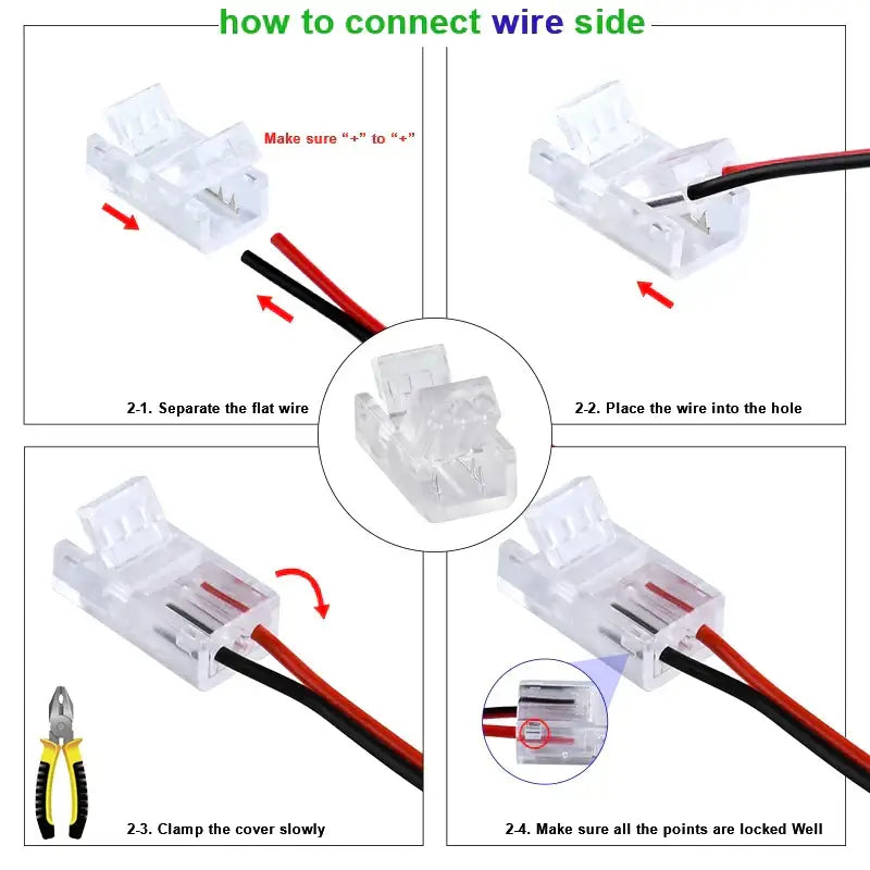 Clear plastic 2-pin l-shape cob led strip connector with red and black insulated wires for kitchen use