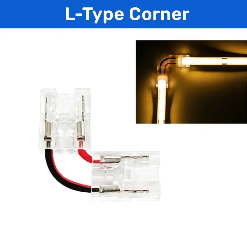 Clear plastic 2-pin l-type corner connector with red and black wires for cob led strip kitchen lighting clips
