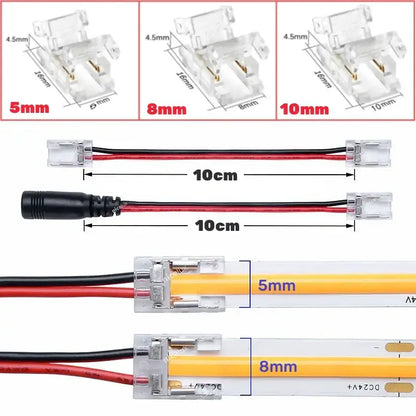 Clear plastic 2-pin l-shape cob led strip connectors with 5mm 8mm and 10mm widths for yellowish cob led strips