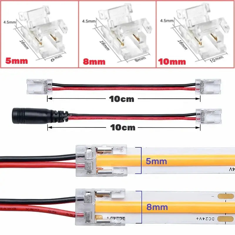 Clear plastic 2-pin l-shape cob led strip connectors with 5mm 8mm and 10mm widths for yellowish cob led strips