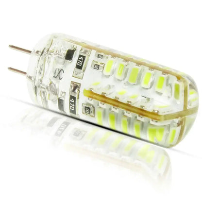 Clear cylindrical led bulb 4w 3014smd with multiple yellowish-green leds and two metallic pins for kitchen spot lighting