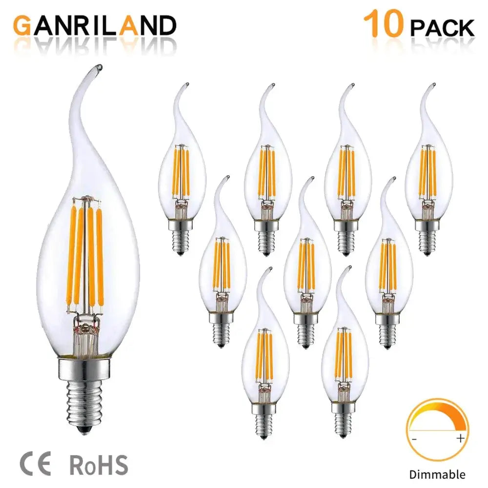 Clear dimmable c35 4w dimmable led filament candle bulbs with silver base and visible yellow filament strands for dining room