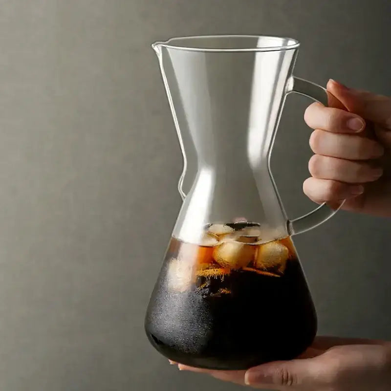 Clear glass chemex coffee pitcher with curved handle and minimalist design in decorbites barista kettle pot set