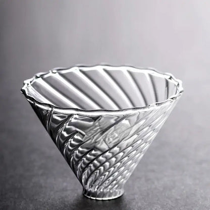 Clear glass barista kettle pot pour over coffee set featuring a fluted conical coffee dripper with twisted ribbing