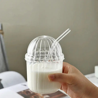 Clear glass bobo cup with ribbed dome lid and matching straw for milkshake by decorbites clear glass set